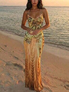 Women's Spaghetti Strap Beaded Decor Leopard Print Fitted Dress